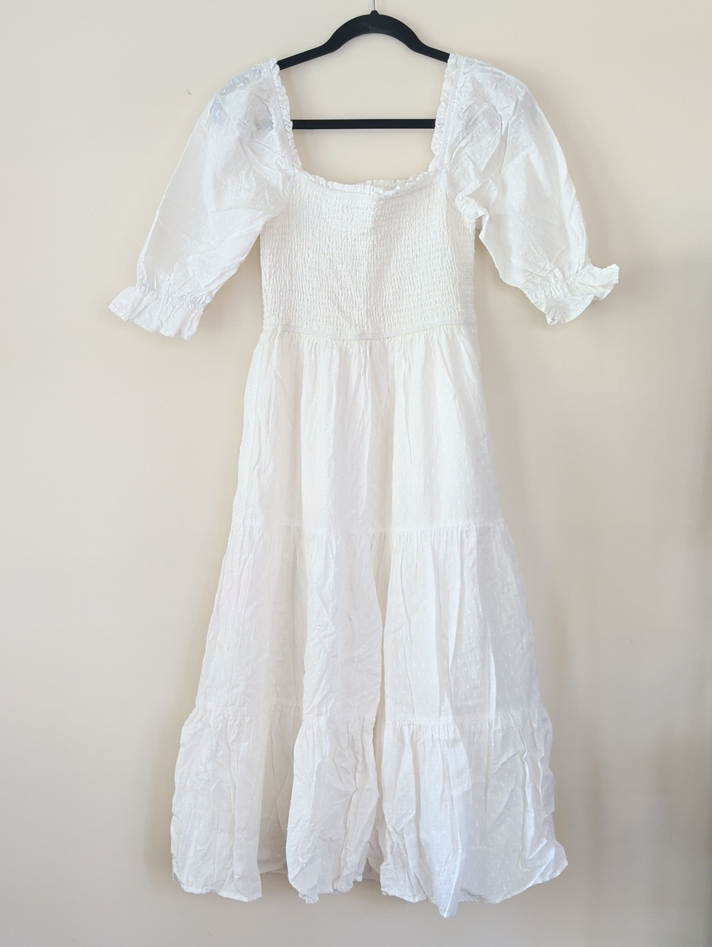 White Smocked Square-Neck Midi Dress